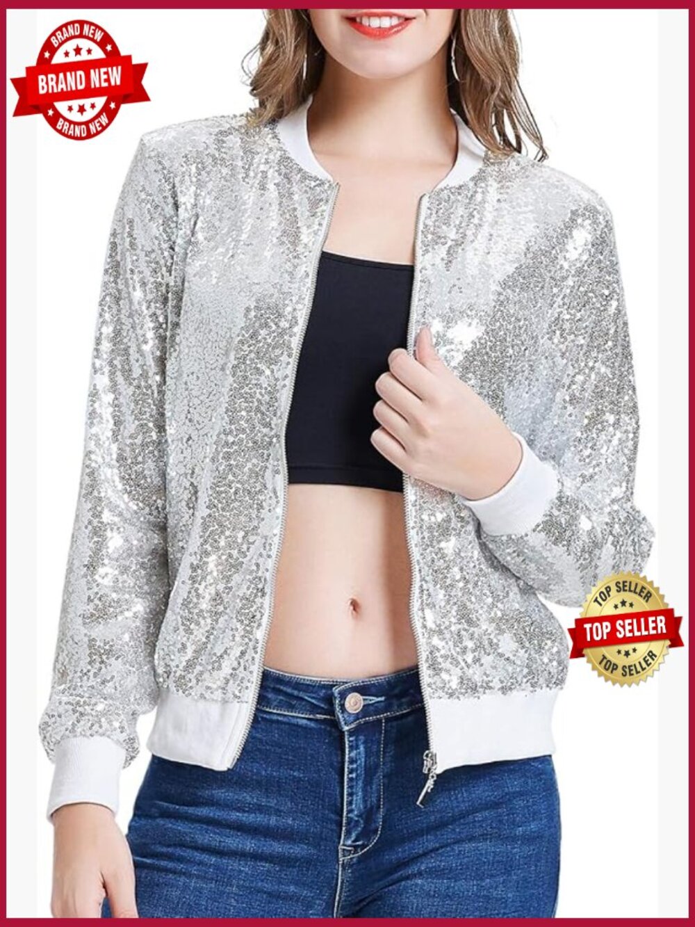Sequin Bomber Jacket with Pockets Long Sleeve Zip Up Blazer Party Clubwear